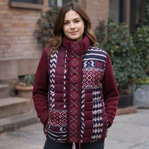 DESIGUAL Puffer Jacket Knit Sleeves Puffer Aztec Burgundy Embroidered Front 44